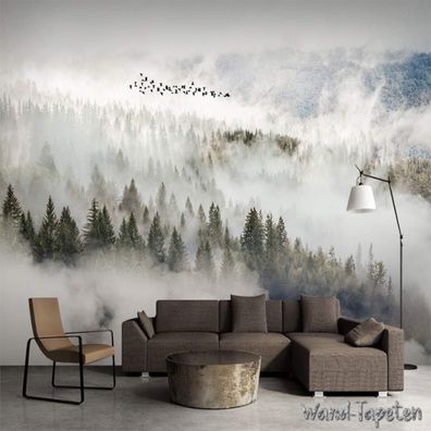 Vlies Fototapete Wandtapete Wandbilder Nebel Wandbild mit Kiefern Wolken 4328