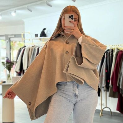 Cape Poncho Katrin Beige Onesize (XS-XL) Damen Cape Frauen Frau Winter langarm