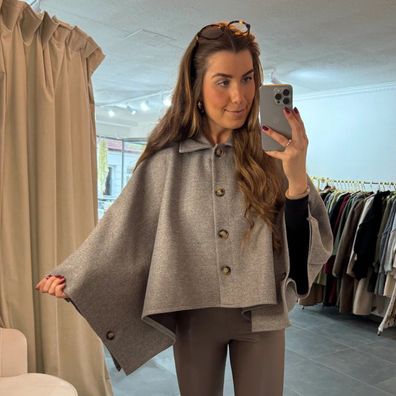 Cape Poncho Katrin Grau Onesize (XS-XL) Damen Cape Frauen Frau Winter langarm