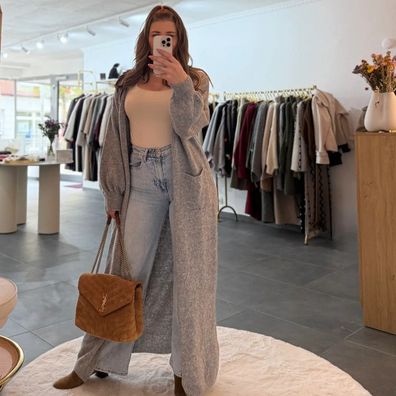 Langer Cardigan Strick Damen Lana Grau Onesize XS-XL Frauen Strickjacke Langarm