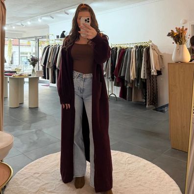 Langer Cardigan Strick Damen Lana Weinrot Onesize XS-XL Frauen Strickjacke Langarm