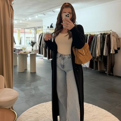 Langer Cardigan Strick Damen Lana Schwarz Onesize XS-XL Frauen Strickjacke Langarm