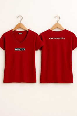 Ramazzotti Damen T-Shirt Rot Größe M – V-Ausschnitt – Frontlogo & Rückenprint „