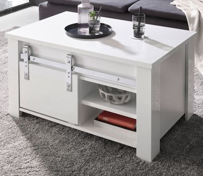 Couchtisch "Miami" in weiß Hochglanz Wohnzimmer Sofatisch mit Schiebetür 93 x 60 cm