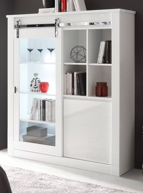 Vitrine "Miami" Weiß Hochglanz Highboard 133x153 cm mit Schiebetür und Soft-Close