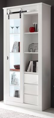 Vitrine "Miami" Weiß Hochglanz Vitrinenschrank 93 x 201 cm, Schiebetür und Soft-Close