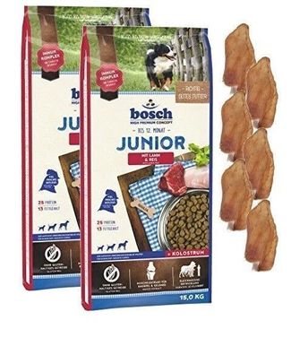 2x15kg Bosch Junior Lamm & Reis Hundefutter + 6 x Kaninchenohren