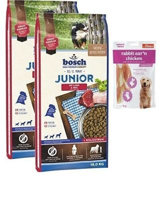 2x15kg Bosch Junior Lamm & Reis Hundefutter + 80g Fleischsnacks