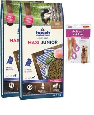 2x15kg Bosch Junior Maxi + 80g Fleischsnacks