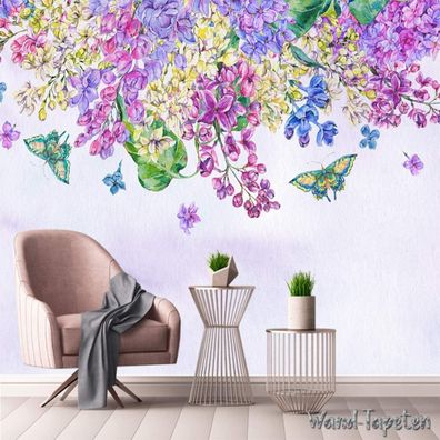 Vlies Fototapete Wandtapete Wandbilder Lila Blumen und Schmetterlingen 4348