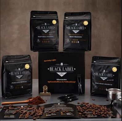 4x 100g Black Label Coffee Malabar, Best Friends, Narural Uganda und Peru
