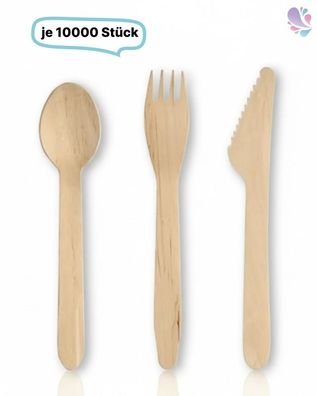 SET: Löffel + Gabel + Messer aus Holz Einwegbesteck, 30.000 Stk, natur, biologisch ab