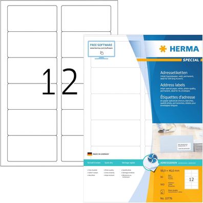 HERMA 10776 Adressetiketten für Inkjet Drucker, 80 Blatt, 88,9 x 46,6 mm, 12 pro A4 B