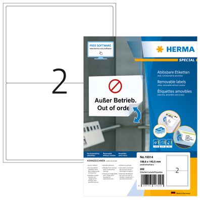 HERMA 10314 Universal Etiketten ablösbar, 100 Blatt, 199,6 x 143,5 mm, 2 pro A4 Bogen