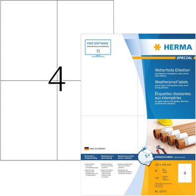HERMA 10773 Wetterfeste Etiketten imprägniert, 80 Blatt, 105 x 148 mm, 4 Stück pro A4