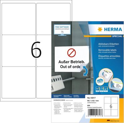HERMA 10317 Universal Etiketten blickdicht ablösbar, 100 Blatt, 99,1 x 93,1 mm, 6 pro