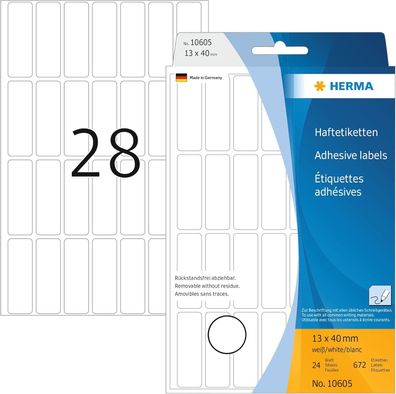 HERMA 10605 Vielzweck-Etiketten ablösbar, 672 Stück, 13 x 40 mm, 28 pro Bogen, selbst