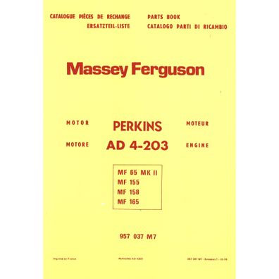 Massey Ferguson MF65 MK2 MF155/158/165 Perkins Motor AD 4-203 Ersatzteilkatalog