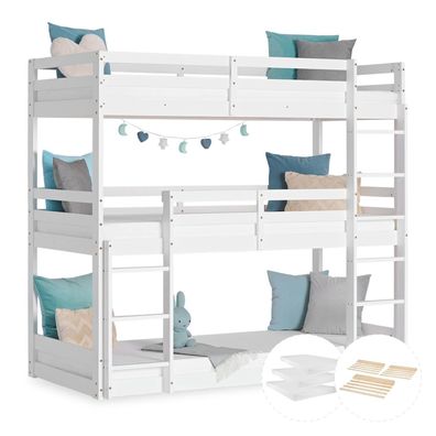 Etagenbett mit Matratzen 90x200 cm Kinderbett Dreifachbett Hochbett Weiß Holz