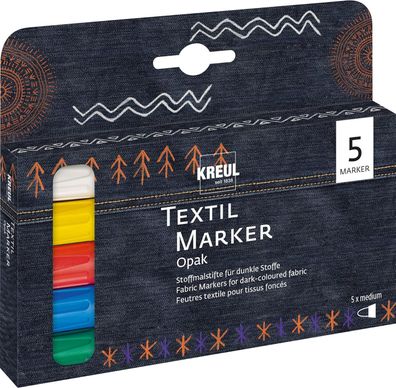 KREUL 92750 - Textil Marker Opak medium Set, 5 Stifte, mit Rundspitze, Strichstärke c