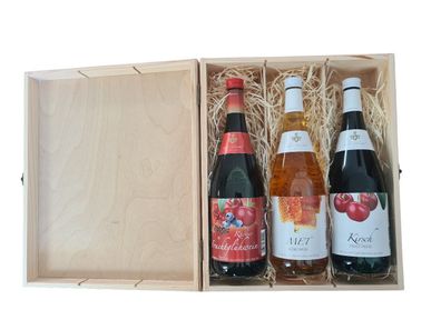 Geschenk Holzbox mit Verschluss MET Honigwein, Kirsch und Fruchtglühwein
