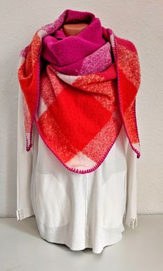 XXL Winter Flausch Dreieckstuch Halstuch Schal Viskose Wolle Karo Pink/Orange