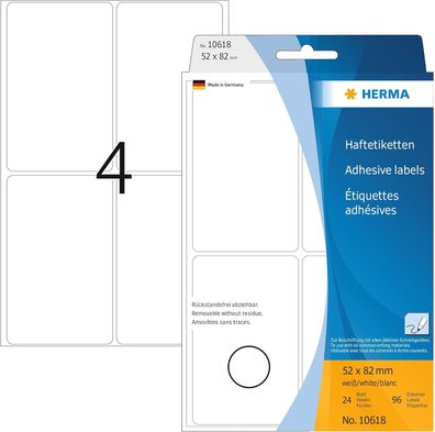 HERMA 10618 Vielzweck-Etiketten ablösbar, 96 Stück, 52 x 82 mm, 4 pro Bogen, selbstkl