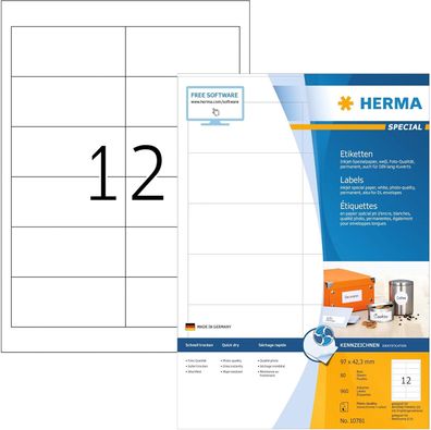 HERMA 10781 Adressetiketten für Inkjet Drucker, 80 Blatt, 97 x 42,3 mm, 12 pro A4 Bog
