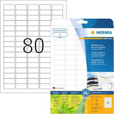 HERMA 10701 Recycling Etiketten, 20 Blatt, 35,6 x 16,9 mm, 80 pro A4 Bogen, 1600 Stüc