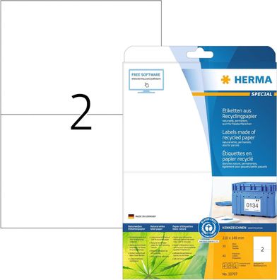 HERMA 10707 Recycling Etiketten, 20 Blatt, 210 x 148 mm, 2 pro A4 Bogen, 40 Stück, se
