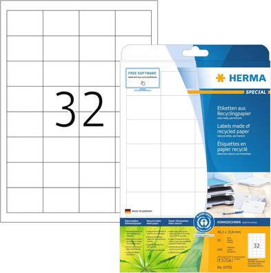 HERMA 10702 Recycling Etiketten, 20 Blatt, 48,3 x 33,8 mm, 32 pro A4 Bogen, 640 Stück