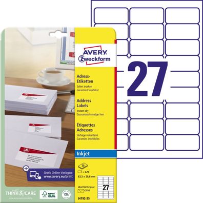 Adress-Etiketten 63,5 x 29,6 mm, weiß, 675 Etiketten/25 Blatt, perm