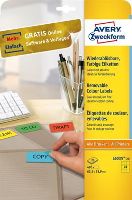 Etiketten - 63,5 x 33,9 mm, gelb, 480 Etiketten/20 Blatt, ablösbar