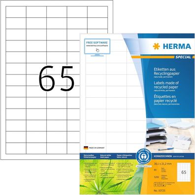 HERMA 10725 Recycling Etiketten, 80 Blatt, 38,1 x 21,2 mm, 65 pro A4 Bogen, 5200 Stüc