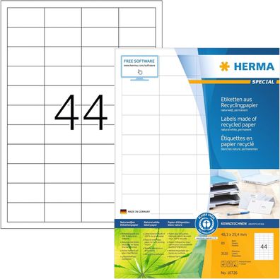 HERMA 10726 Recycling Etiketten, 80 Blatt, 48,3 x 25,4 mm, 44 pro A4 Bogen, 3520 Stüc