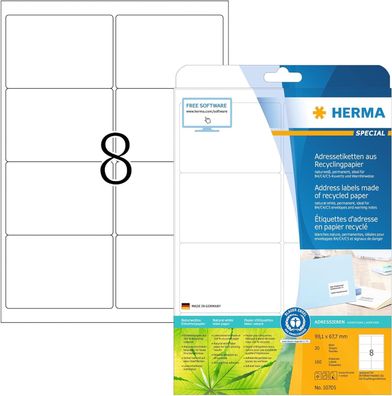 HERMA 10705 Recycling Etiketten, 20 Blatt, 99,1 x 67,7 mm, 8 pro A4 Bogen, 160 Stück,