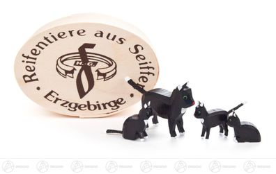 Reifentier Katzenfamilie groß in Spandose (4) H=ca 3,5 cm NEU Erzgebirge