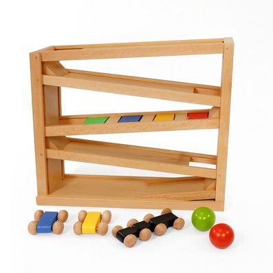 Holz Kugelbahn Buche, Autorennbahn ab 2 Jahren mit 3 Autos und 2Kugeln