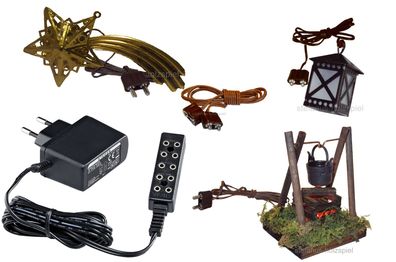 Set: Krippenbeleuchtung mit Trafo, Flackerlicht-Lagerfeuer, Laterne u. Komet