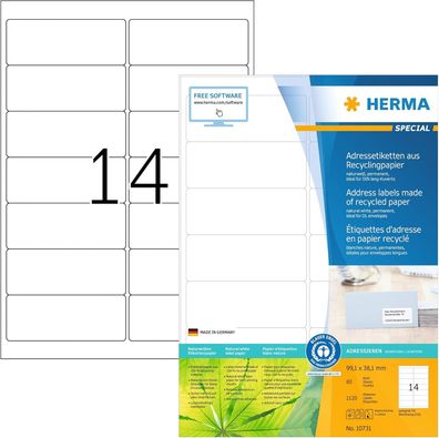HERMA 10731 Recycling Etiketten, 80 Blatt, 99,1 x 38,1 mm, 14 pro A4 Bogen, 1120 Stüc