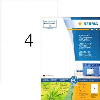 HERMA 10734 Recycling Etiketten, 80 Blatt, 105 x 148 mm, 4 pro A4 Bogen, 320 Stück, s