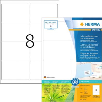 HERMA 10732 Recycling Etiketten, 80 Blatt, 99,1 x 67,7 mm, 8 pro A4 Bogen, 640 Stück,