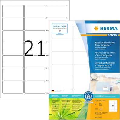 HERMA 10727 Recycling Etiketten, 80 Blatt, 63,5 x 38,1 mm, 21 pro A4 Bogen, 1680 Stüc