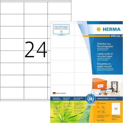 HERMA 10728 Recycling Etiketten, 80 Blatt, 70 x 36 mm, 24 pro A4 Bogen, 1920 Stück, s