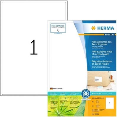 HERMA 10736 Recycling Etiketten, 80 Blatt, 199,6 x 289,1 mm, 1 pro A4 Bogen, 80 Stück
