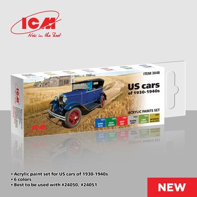 ICM 3048 Acrylic paint set for US cars of 1930-1940s 6 x 12 ml - NEU