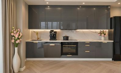 Küchenzeile Linea 300 cm DW Grau Hochglanz-Soft Close- Premium Box- Einbauküche 3m