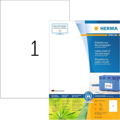 HERMA 10738 Recycling Etiketten, 80 Blatt, 210 x 297 mm, 1 pro A4 Bogen, 80 Stück, se