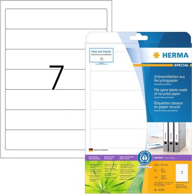 HERMA 10745 Recycling Ordnerrücken Etiketten kurz schmal, 20 Blatt, 192 x 38 mm, 7 pr