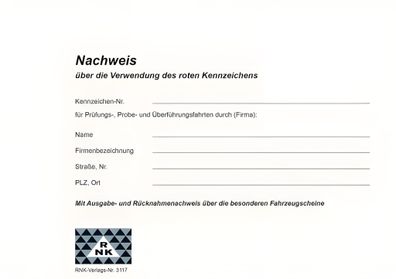 RNK Nachweisbuch Rotes Kennzeichen A5 quer